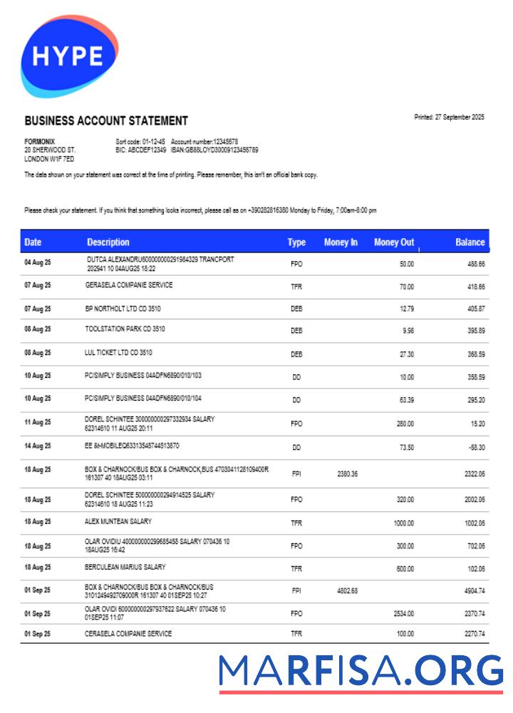 Realistic HYPE SPA bank company checking account statement Word and PDF template